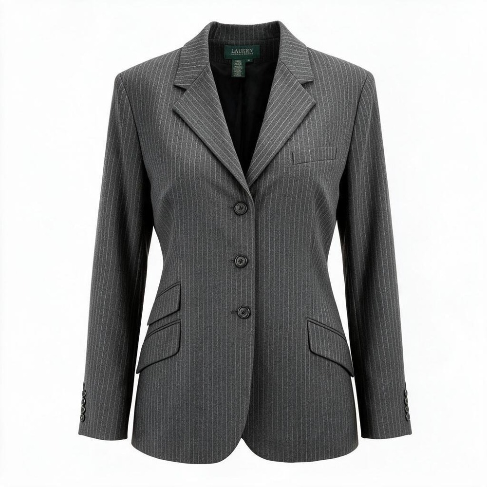 Lauren Ralph Lauren Blazer Womens 16 Charcoal Pinstripe 100% Wool Career #3028